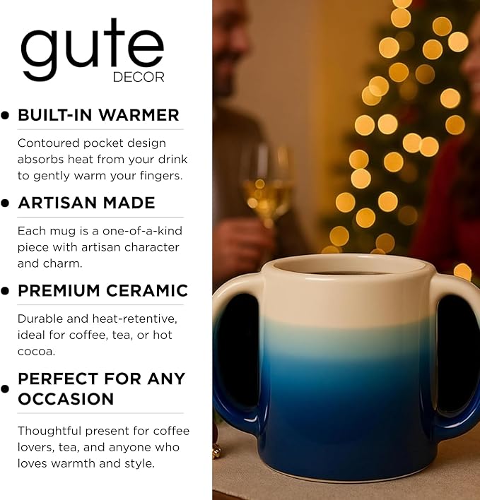 GUTE Handmade Pottery Double Hand Warmer Mug - 14 oz Ceramic Coffee Mug with Contoured Pockets for Both Hands Clay, Dishwasher & Microwave Safe, Comfy Blue - Winter Stocking Stuffer Gift