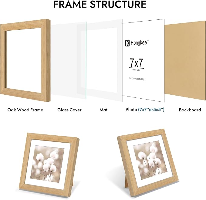 Hongkee 7x7 Oak Wood Picture Frame 1 Pack(Matted 5x5) with Real Glass Cover | Natural, 7 x 7 Solid Wood Frame for Wall or Tabletop Display - Includes Easel Back, Vertical Hang - Ideal for Home, Office