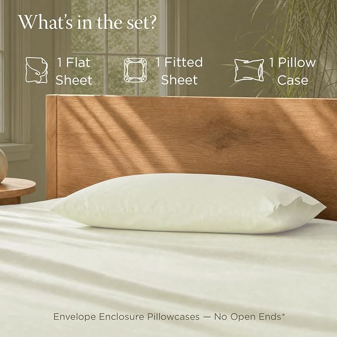 Threadmill 100% Organic Cotton Twin Sheet Set - GOTS Certified, 3 Piece, Ivory - Soft and Breathable Sheets with All-Round Elastic Deep Pocket for Snug Fit Bedding Set