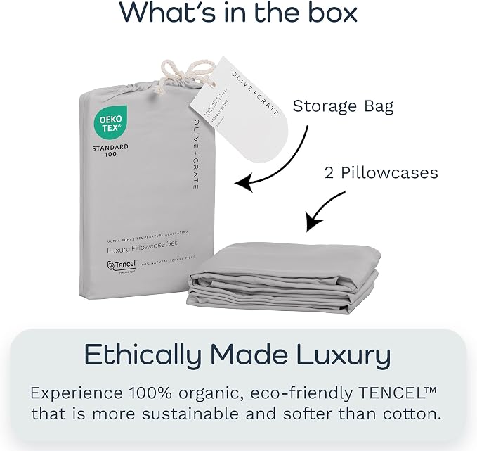 Olive + Crate Tencel Eucalyptus Pillowcases - 100% Tencel Lyocell Cooling Pillow Cases for Hot Sleepers - Hypoallergenic, Moisture-Wicking, Silk Alternative, Vegan - King Size Set of 2 [Gray Mist]