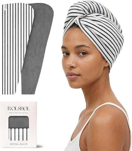 ROLSHOL Cotton Hair Towel Wrap for Women, 2 Pack 100% Cotton Hair Drying Towels for Long, Thick & Curly Hair, 32" x 11" Large Hair Turban for Wet Hair with Elastic Band (Black)