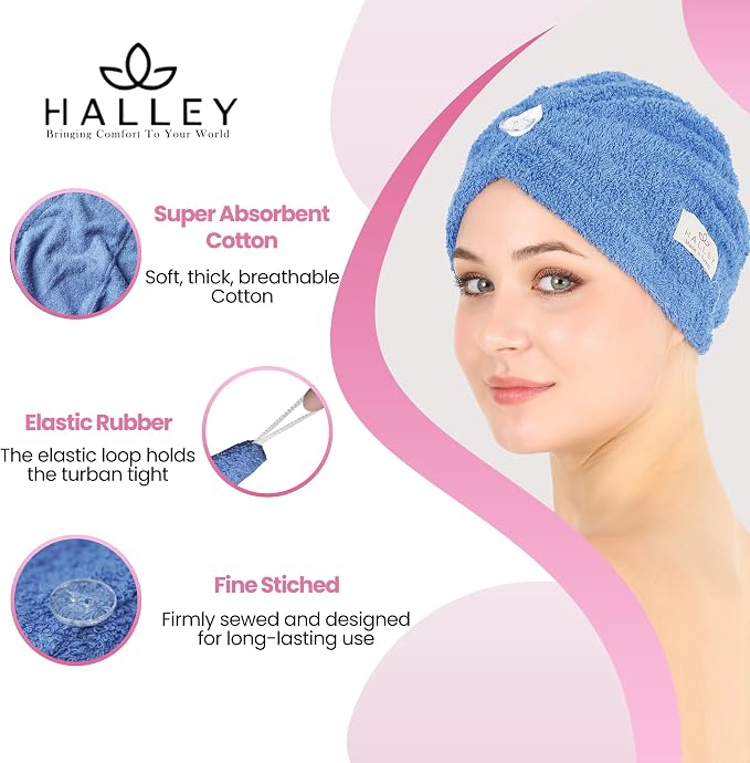 HALLEY Cotton Hair Towel Wrap (3 Packs) Super Absorbent Fast Drying Hair Towel for Thick Hair Turbans for Wet Hair with Button (Blue)