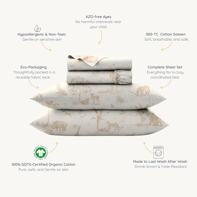 MakeMake Organics Organic Sheet Set Queen (4 Piece) GOTS Certified Organic Cotton Sheets 300 TC Sateen Soft Fitted Sheet Flat Sheet Pillow Cases Toddler Kids (Queen, Safari)