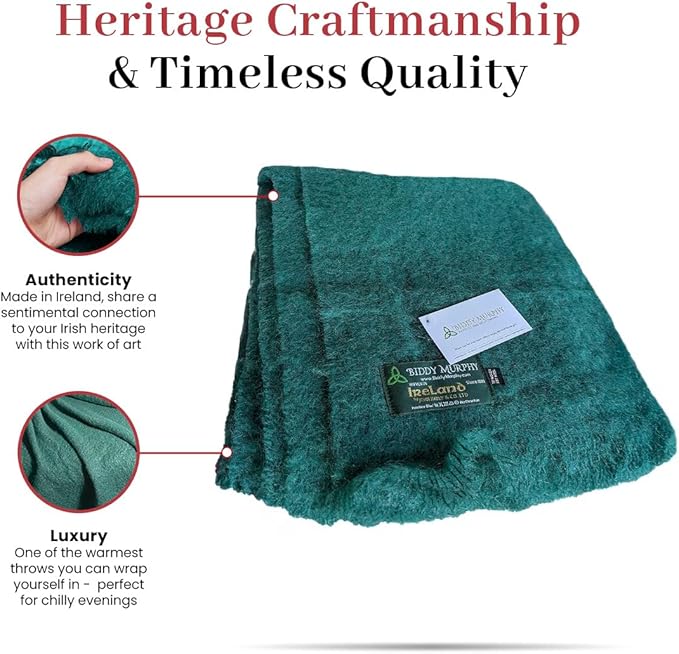 Biddy Murphy Ultra Soft Irish Mohair & Wool Throw Blanket, Made in Ireland, 54"x72", Solid Green