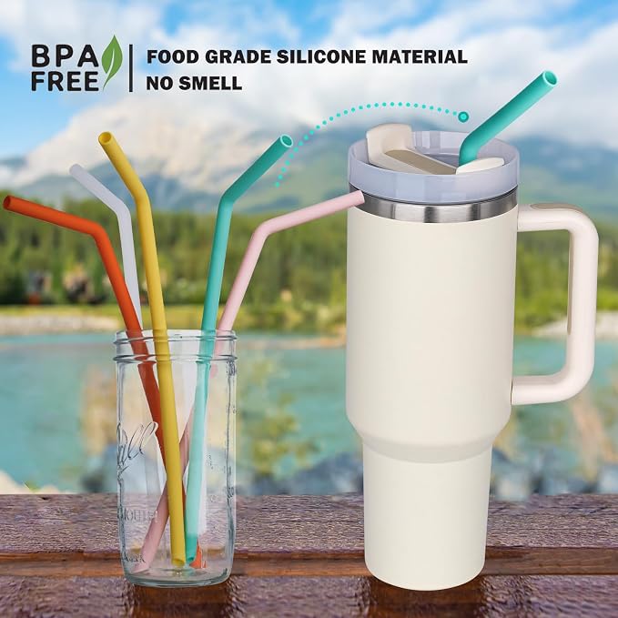 HEYSKAY Reusable Drinking Straws Replacement Bendy Silicone Straws Compatible with Stanley 20-40oz Tumblers and Other Brands with 2 Straw Brushes, Soft and Safe, Clear