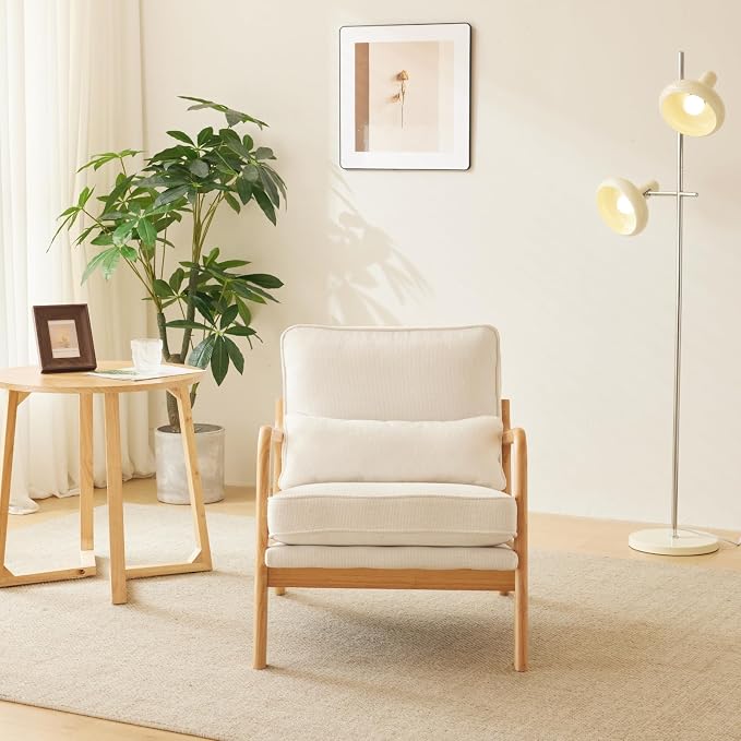 Karl home Mid-Century Modern Accent Reading Chair, White | Linen Upholstered, Solid Wood Frame, Soft Cushion, Lumbar Pillow, Lounge Armchair for Living Room, Bedroom, Balcony, Study