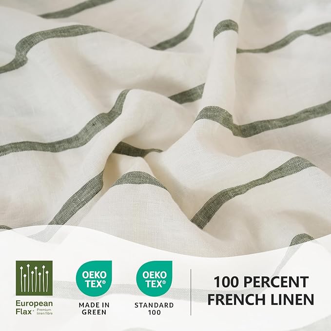S VICTORY SYMBOL 100% Organic Linen Duvet Cover Set,Yarn Dyed Green Vertical Stripe French Natural Flax Bedding Set Queen Size,3pcs Farmhouse Comforter Cover Set