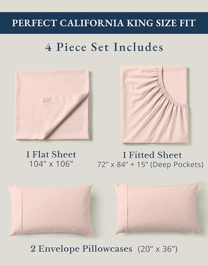LANE LINEN 100% Organic Cotton Fully Elasticized California King Sheet Set, Low Pilling Fade Resistant Machine Washable Naturally Cooling Mercerized Soft & Comfy Cotton Sheets – Sepia Rose
