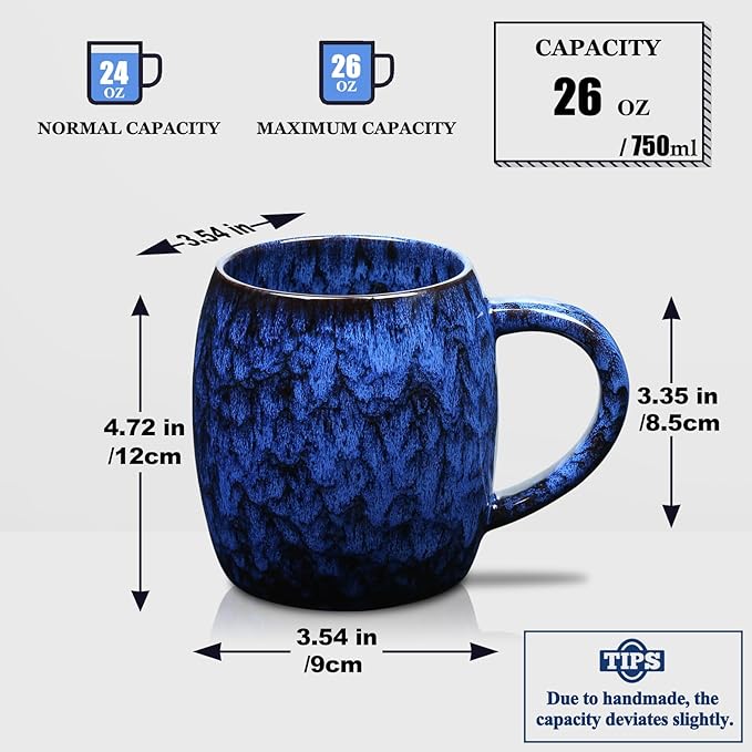 26 Oz Extra Large Ceramic Coffee Mug with Big Handle, 720ml Oversized Tea Cup for Office and Home Milk Cocoa, Microwave and Dishwasher Safe, Unique Handmade Texture Glaze Jumbo Coffee Cup (Deep Blue)