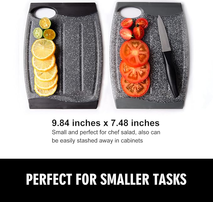 Small Plastic Cutting Board Set, 7.48" Cutting Boards for Kitchen, Small Chopping Boards with Multiple Juice Grooves, Dishwasher Safe, Non Slip Edges, BPA Free (2 Pack, Black & Gray)