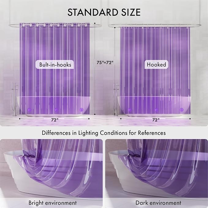 AmazerBath No Hook Shower Curtain and Liner 3-in-1, 8G Luxury Heavy Duty Clear Purple No Hook Shower Curtain Liner, 72x75 Cute EVA Bathroom Weighted Plastic Shower Curtain with 3 Heavyweight Stones