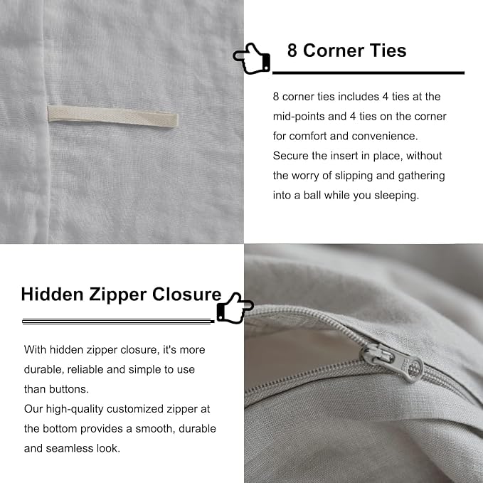 TOSMO Linen Duvet Cover Set, 100% French Flax Natural Linen Bedding 3pcs Set, Soft Breathable for Hot Sleepers 1 Duvet Cover and 2 Pillowcases (Mist Grey, King)