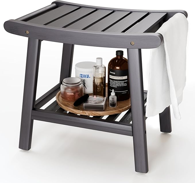 LEJANEOYE Bamboo Shower Bench Stool, Shower Chair for Inside Shower with 2-Tier Storage Shelf, Waterproof Shower Seat for Shaving Legs, Spa Bathroom Shower Bench-Grey