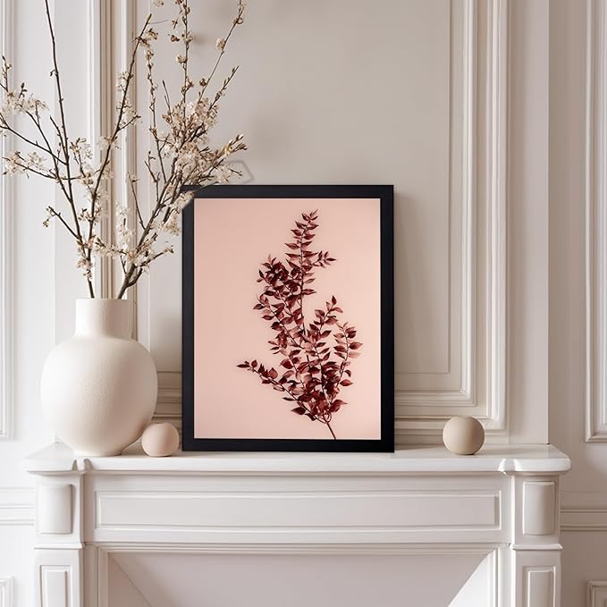 Monem Art Dried Red Botanical Branch Print - Minimalist Boho Nature Poster - Wall Decor for Living Room, Bedroom or Office - 8x10 Black Framed Wall Art by Mareike Bohmer
