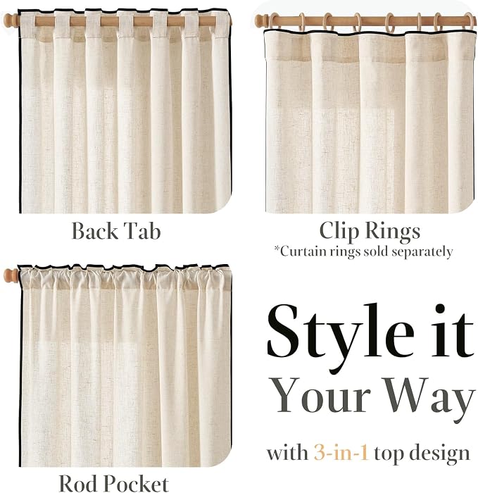 jinchan Beige Linen Blend Curtains with Black Trim, French Style Drapes for Living Room Bedroom 2 Panels 90 Inches Length Neutral Curtains Farmhouse Modern Window Treatment with Rod Pocket Back Tab