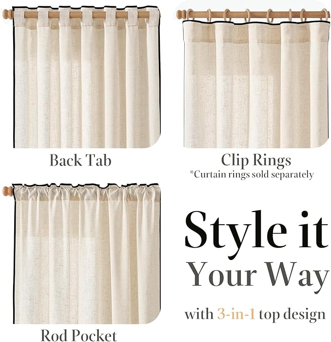 jinchan Beige Linen Blend Curtains with Black Trim, French Style Drapes for Living Room Bedroom 2 Panels 96 Inches Length Neutral Curtains Farmhouse Modern Window Treatment with Rod Pocket Back Tab