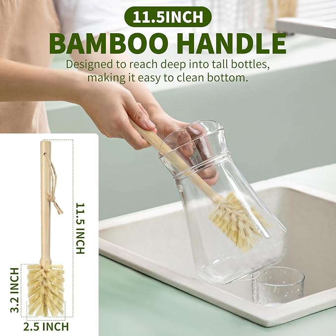 SAMEBUTECO Natural Bamboo Cup Cleaning Brush Set of 2 – 11.5 Inch Sisal Bristle Bottle Brush with Flat Head Design, Wooden Handle with Hanging Hole & Rope for Cups, Mugs, Glasses, Water Bottles