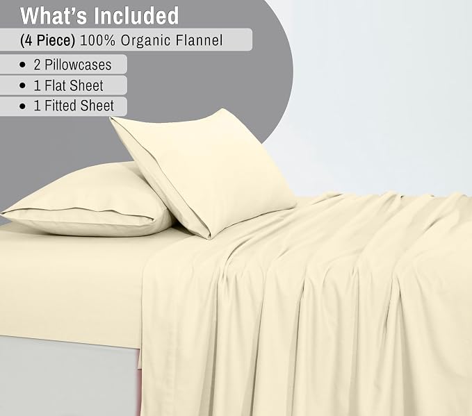 RUVANTI Flannel Sheets Full Size - GOTS Certified 100% Organic Cotton, 4 Piece Warm, Soft & Breathable Set, Deep Pocket Snug Fit, Double Brushed Cozy All Season Bedding, Winter White