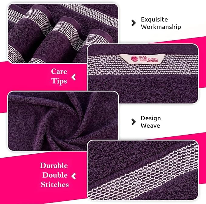 CASA COPENHAGEN Solitaire 6Pcs 100% Egyptian Cotton Large Designer Towels Gift Set- Black - Purple, 2Bath 2Hand 2Washcloths, Bath Towels for Bathroom (Box Pack, Gift Set for Women & Men)