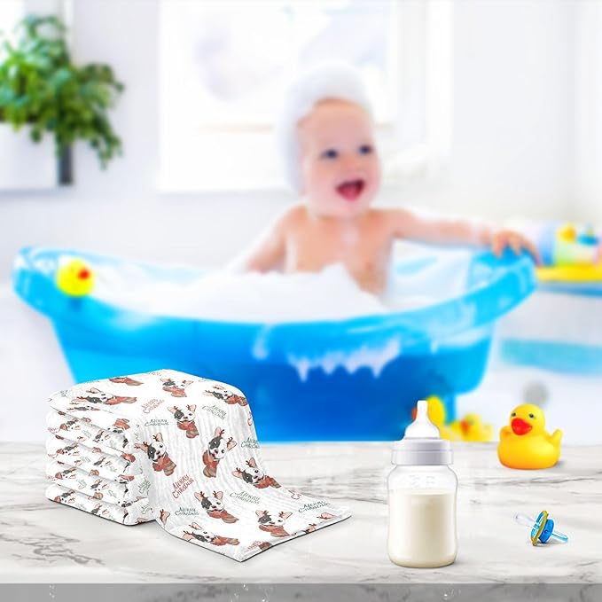 Baby Christmas French Bulldog Muslin Washcloths 3 Pack - Muslin Burp Cloths Hanky Large 11.8"X11.8" Extra Soft Absorbent Baby Burp Rags for Newborn 100% Cotton for Boys Girls Gift