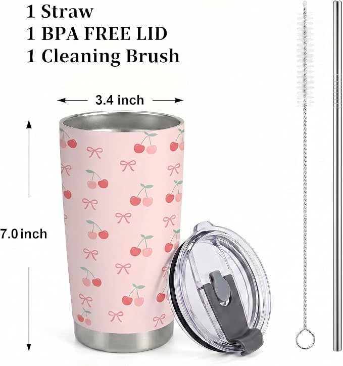Gift for Women Girls, Bow & Cherry Stainless Steel Insulated Tumbler, Pink Travel Coffee Mug, Water Bottle with Straw, Gifts for Birthday Christmas Thanksgiving, 20oz