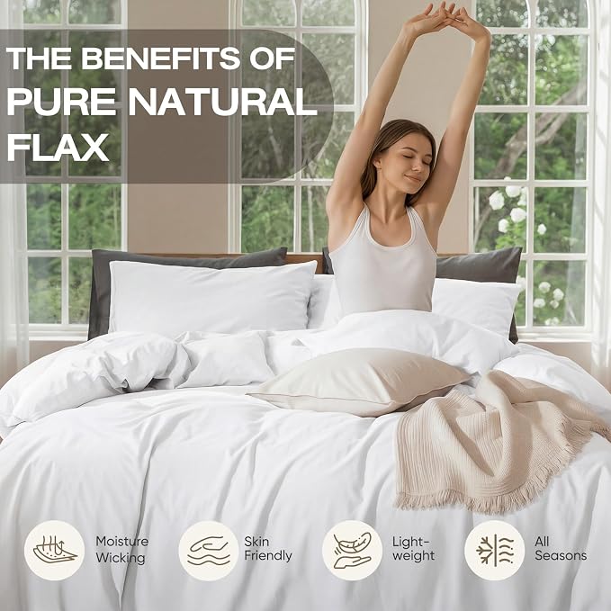 100% Pure French Flax Linen Blend Duvet Cover Set King Size, 3-Piece Breathable Bedding Set with Long Zipper Closure & Corner Ties, Soft, Lightweight & Durable Bedding Ideal for Hot Sleepers