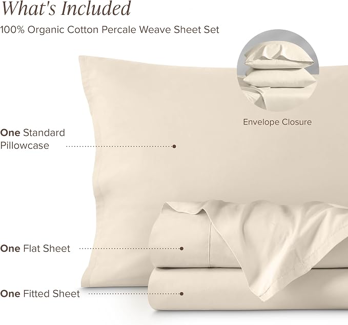 Bare Home 100% Organic Cotton Twin XL Sheet Set - Crisp Percale Weave - Lightweight & Breathable - Bedding Sheets & Pillowcases (Twin XL, Sand)