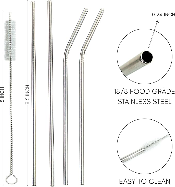 MEEZO Eco-Friendly Stainless Steel Drinking Resuable Straws with Cleaning Brush, 8.5 INCH * 0.24 IN - Durable and Safe for Hot & Cold Drinks – Ideal for Smoothies, Iced Coffee, Juice, – Set of 5