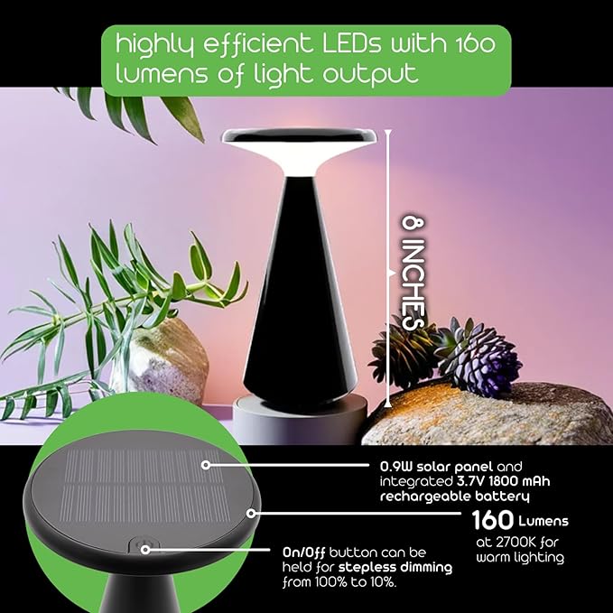 Portable Solar Powered Mushroom LED Table Lamp - Indoor/Outdoor Use - Stepless Dimming - Up to 45 Hour Rechargeable Battery - 1.6W, 160 lumens, 2700K - IP44 Weather Resistant - Black