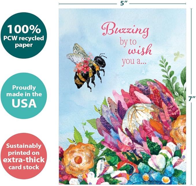Tree-Free Greetings Sweet Bee Birthday Card - 1 Recycled 5x7 Card & Matching Envelope, Thick Cardstock, Made in USA - Colorful Flowery Pollination