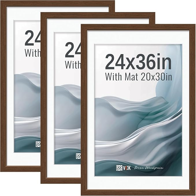 VCK 24x36 Picture Frames Brown 3 Pack, Wide Border Wood, Display 20x30 Photo with Mat or 24 x 36 without, for Home, Office, Gallery, Woodgrain Series, Wall Hanging