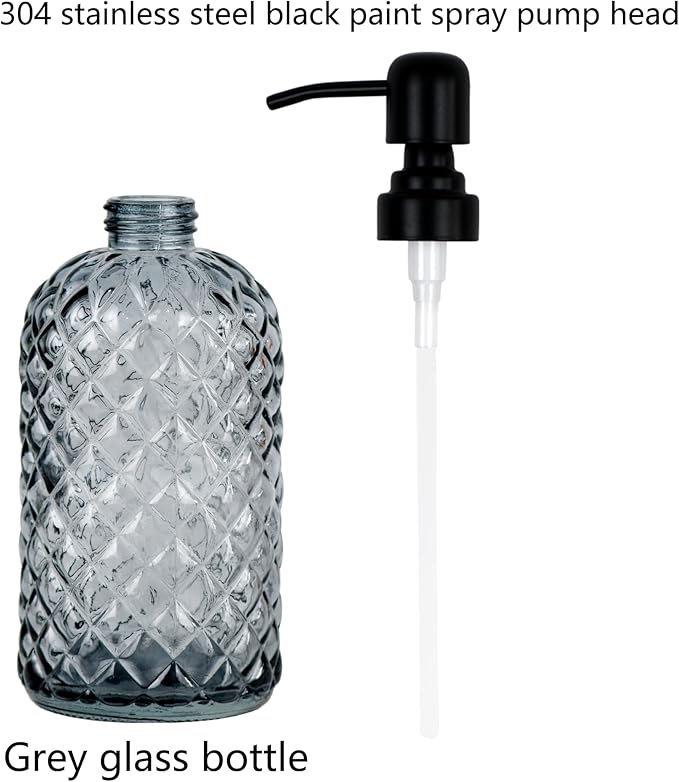 12Oz Glass Soap Dispenser with 304 Black Rustproof Stainless-Steel Pump, Refillable Glass Soap Dispenser for Kitchen, Bathroom, Farmhouse (Grey)