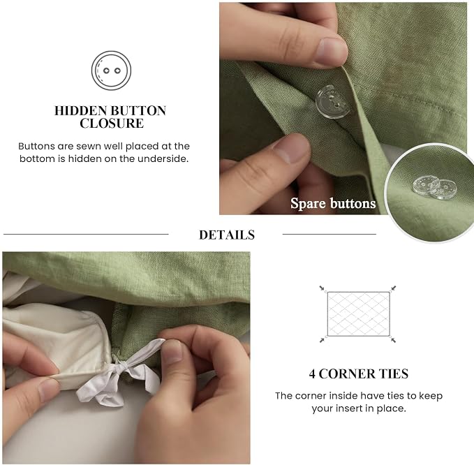 Simple&Opulence 100% Linen Duvet Cover Set, 3 PCS Natural French Flax Sage Green Ruffle Duvet Cover Full Size, Breathable Comfy Linen Bedding Comforter Cover with 2 Pillowcases (Sage Green, 78" X 86")