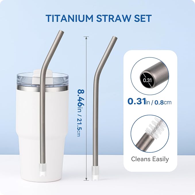 Heavy - Duty Titanium Straws 8.5" Reusable for 20 oz Tumlbers | Metal Drinking Straws for All Kinds of Hot & Cold Drinks, Eco Conscious, BPA Free with Cleaning Brush(No Silicone Tips)