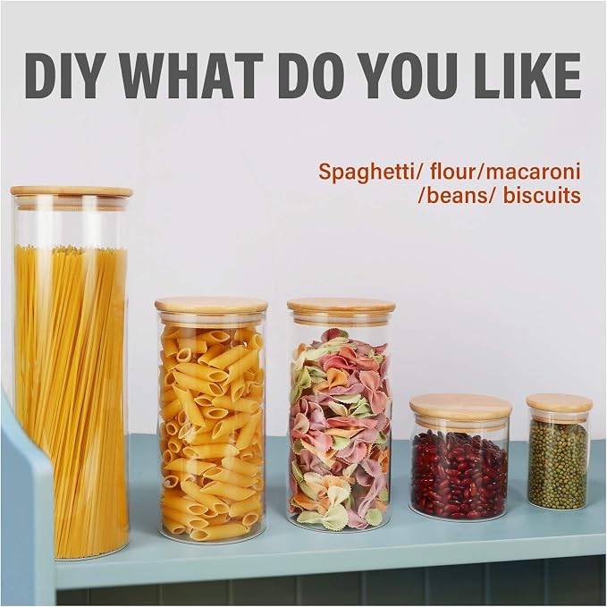 Glass Food Storage Containers Jars with Airtight Bamboo Lid 16 oz 9 pcs, 490 ml Pantry Organization Jar, Glass Terrarium with Lid, Spice, Flour and Sugar Container, Canister Set for Kitchen Counter