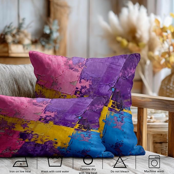 Shrahala Pink Art Watercolor Decorative Throw Pillow Cover, Purple Abstract Fuchsia Lumbar Pillowcase Blended Double-Sided No Inserts for Bedroom Living Room Set of 2 (12 x 20 in)