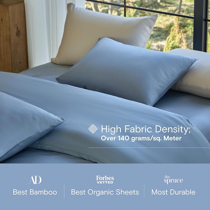DOZ Sheet Set, 100% Viscose derived from Bamboo, Organically Grown, Buttery Soft, Cooling Sheets, High GSM, Deep Pockets - 3 Piece - 1 Pillowcase 1 Fitted Sheet 1 Top Sheet (Sky, Twin)