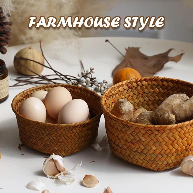 3 Set Small Seagrass Woven Storage Baskets, Natural Woven Round Basket Bin for Farmhouse Kitchen Countertop Pantry Shelf Organization, Stackable Mini Fruit Vegetable Holder