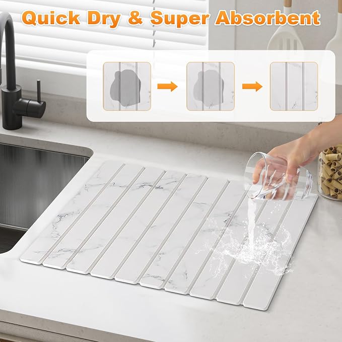 Large Stone Dish Drying Mat, Collapsible Stone Drying Mat for Kitchen Counter 24"(L)×16"(W) Absorbent Diatomaceous Earth Drying Mat, Quick Dish Drying Mats for Cups Dishes Bathroom Marble Pattern