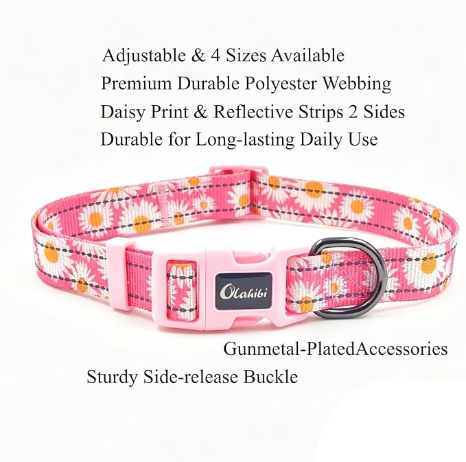 Dog Collar Leash Set, Floral Pattern, with Safety Reflective Strips, 5 ft Matching Leash, Neoprene Padded Handle, Adjustable 4 Sizes for Small Medium Large Dogs.(XS, Pink Daisy)