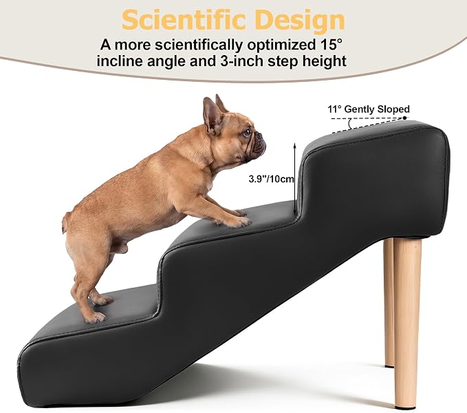3-Step 15.7" H Dog Stairs for Pets up to 220lbs,Waterproof and Scratch PU Leather Pet Stairs with Oak Leg & Solid Wood Frame,Dog Ramp for Small Senior Large Dogs Cats,Non-Slip Feet,Black