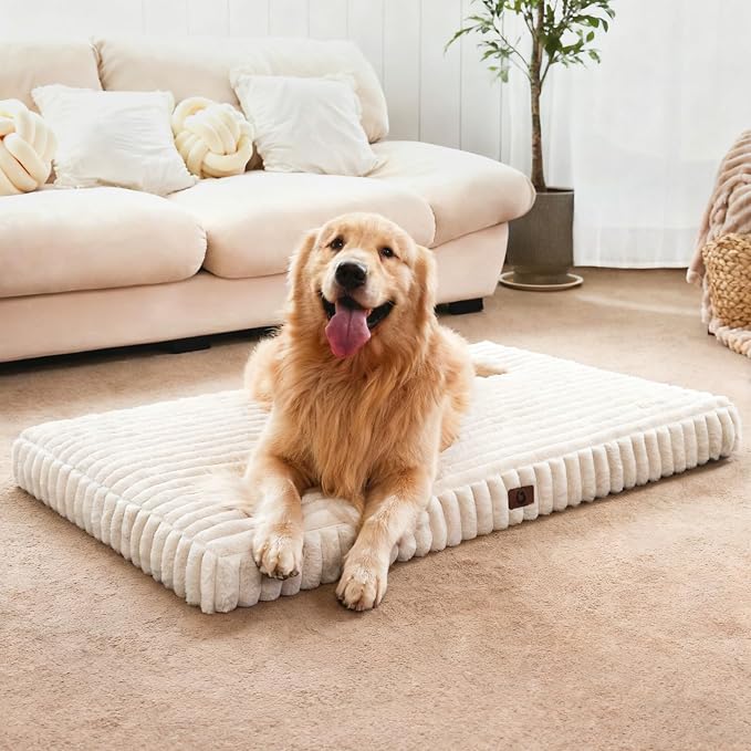 Large Orthopedic Dog Crate Bed with Waterproof Lining, Soft Short Plush Surface & Egg Crate Foam for Calming Puppy, Machine Washable Pet Bed with Removable Cover & Anti Slip Bottom