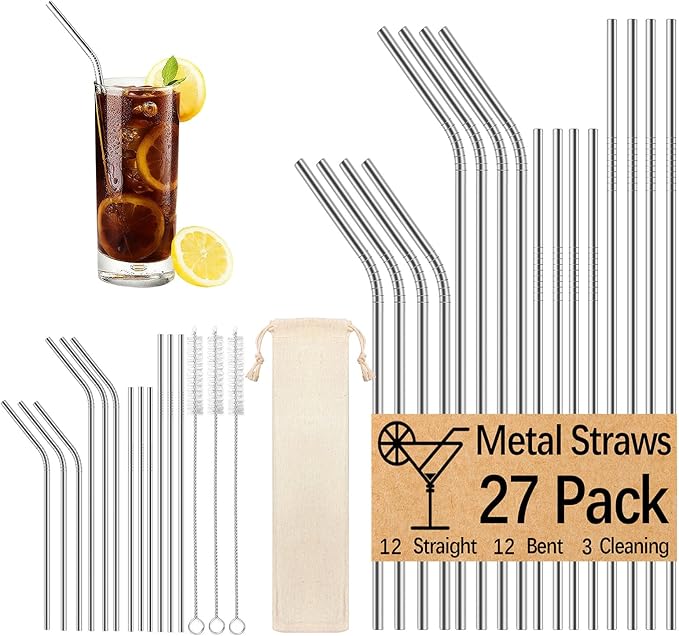 27 Pack metal straws reusable,12 Straight +12 Bent 3 Cleaning Brushes Included,stainless steel straws for 20oz and 30oz Tumblers Dishwasher Safe