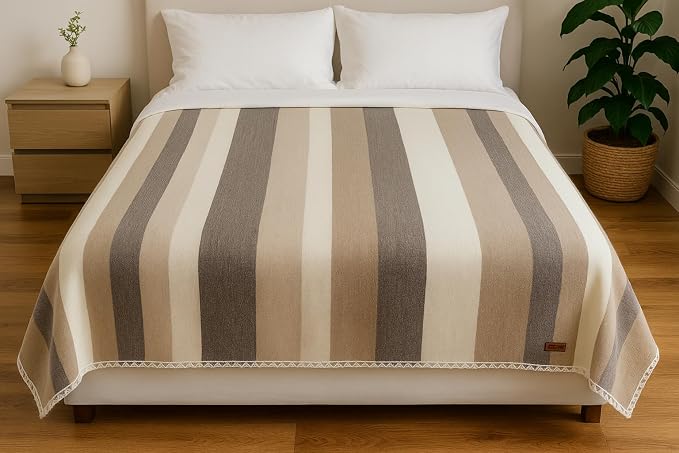 Alpaca Wool Throw Blanket, Natural Beige Striped, Queen (95" x 65") | Cozy, Ultra-Soft & Naturally Warm, Lightweight & Breathable, Non-Itchy, Perfect for Sofa, Bed or Travel
