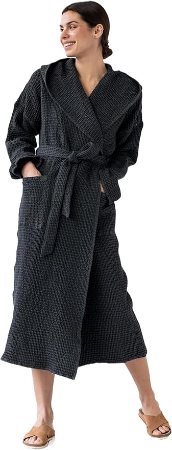 Magic Linen - Unisex Waffle Bathrobe, Hooded Linen-cotton Blend Bath Robe, Lightweight Robe for Women and Men