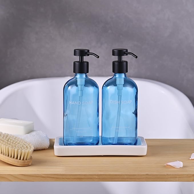 Glass Kitchen Soap Dispenser Set with Ceramic Tray,16.9 floz Hand and Dish Soap Dispenser for Kitchen and Bathroom Decor (Blue Bottles + Black Pumps)