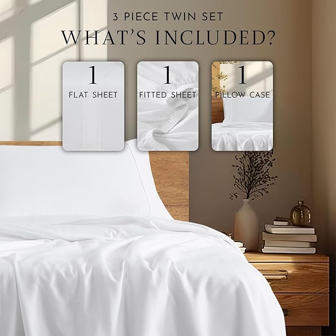 Linen Closet 3 Pc 100% Organic Cotton Twin Sheets Set, White, 300 Thread Count, Naturally Derived EarthColors, Deep Pocket Fitted Sheet (Up To 18"), Smooth & Soft Bed Sheets Set, Juego De Sábanas Twin