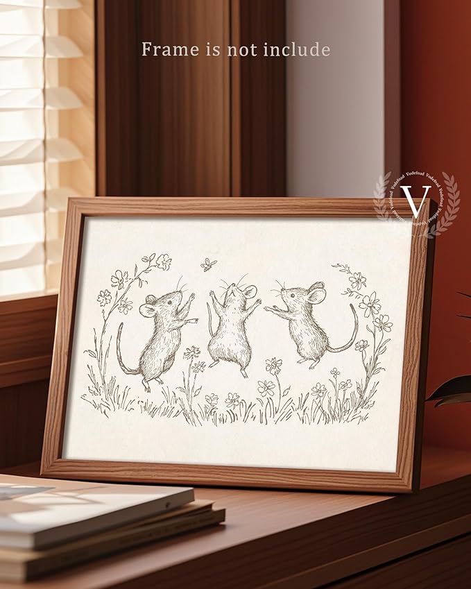 Vodefoad Mouse Sketch Vintage Wall Art Retro Nursery Dancing Mice Art Print Neutral Cottagecore Nursery Decor Farmhouse Rustic Mice Wall Decor for Gallery Nursery Bedroom Bathroom Office - 8x10Inch Unframe