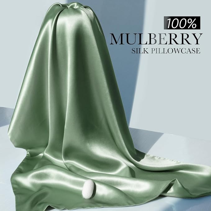 100% Mulberry Silk Pillowcase for Hair and Skin, 22 Momme Pure Natural Silk Pillow Case Both Sided with Zipper, Pillow Cover for Women Mom Men (Matcha, Standard 20''×26'', 1 Pack)