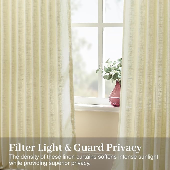 Pinch Pleated Linen Curtains 84 Inch Length 2 Panels Set, Light Filtering Linen Textured Sheer Drapes Memory Trained Pleated Curtain Back Tab for Living Room Farmhouse with Hooks Rings, Grey Beige